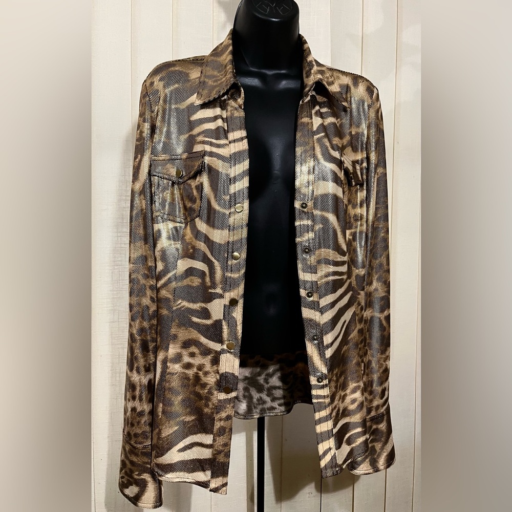Vintage Cache Y2K Metallic Gold Animal-Print Jean Shirt Jacket SZ M EUC!